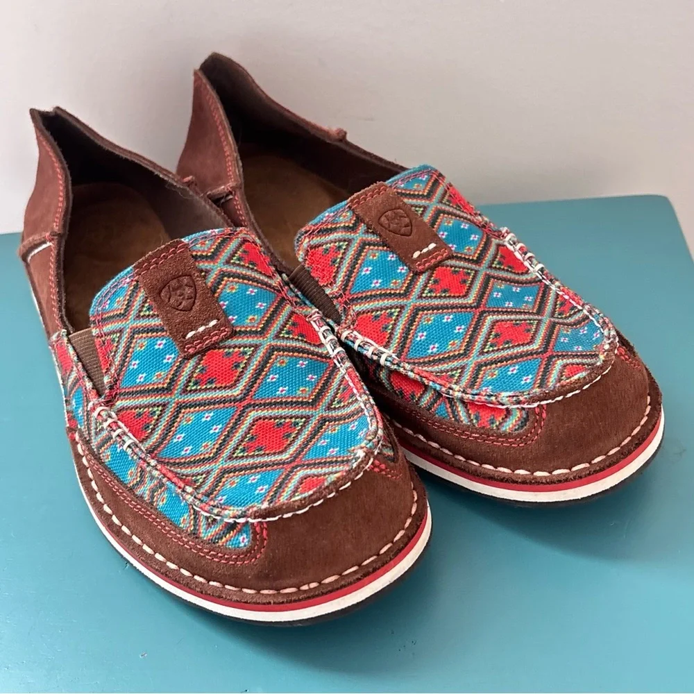 Ariat Cruiser Saddle Tan Suade Geometric Neutral Boho Slip On Shoes Size 9.5B - Picture 1 of 16